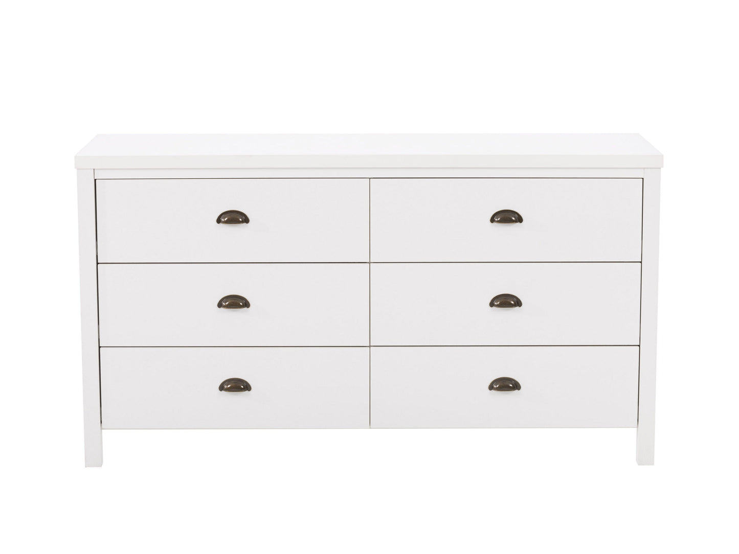 White 6-drawer dresser with sleek handles, minimalist design, and sturdy wooden construction.