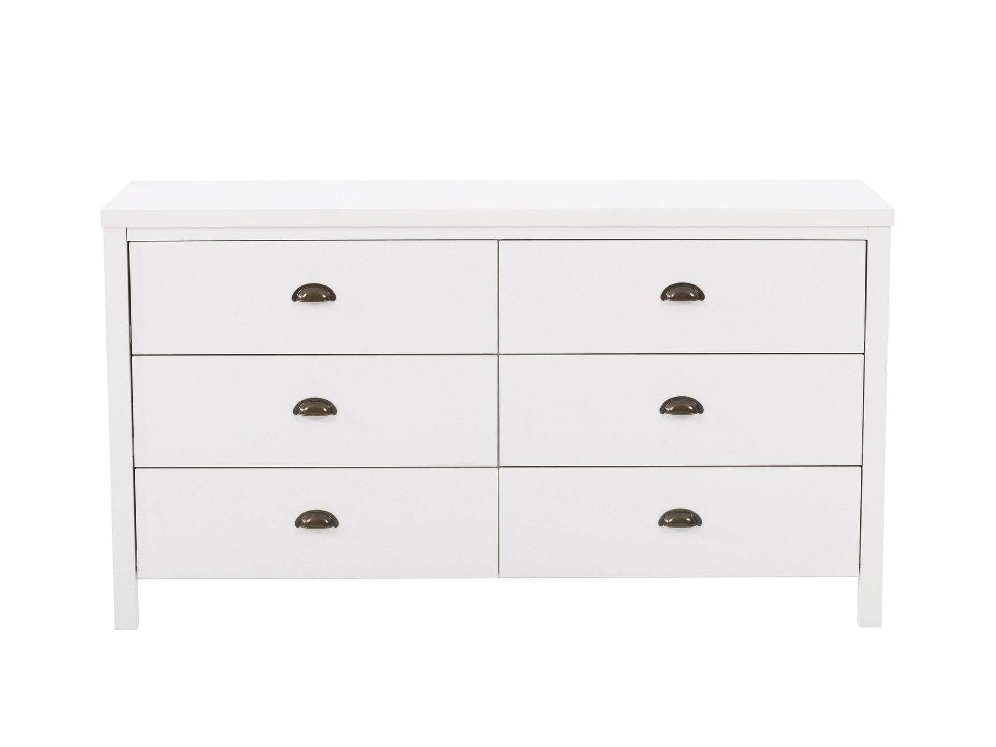 White 6-drawer dresser with sleek handles, minimalist design, and sturdy wooden construction.