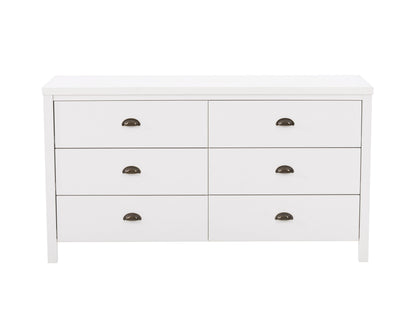 White 6-drawer dresser with sleek handles, minimalist design, and sturdy wooden construction.