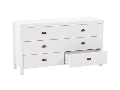 White 6 drawer dresser with sleek handles, modern design, and smooth finish.