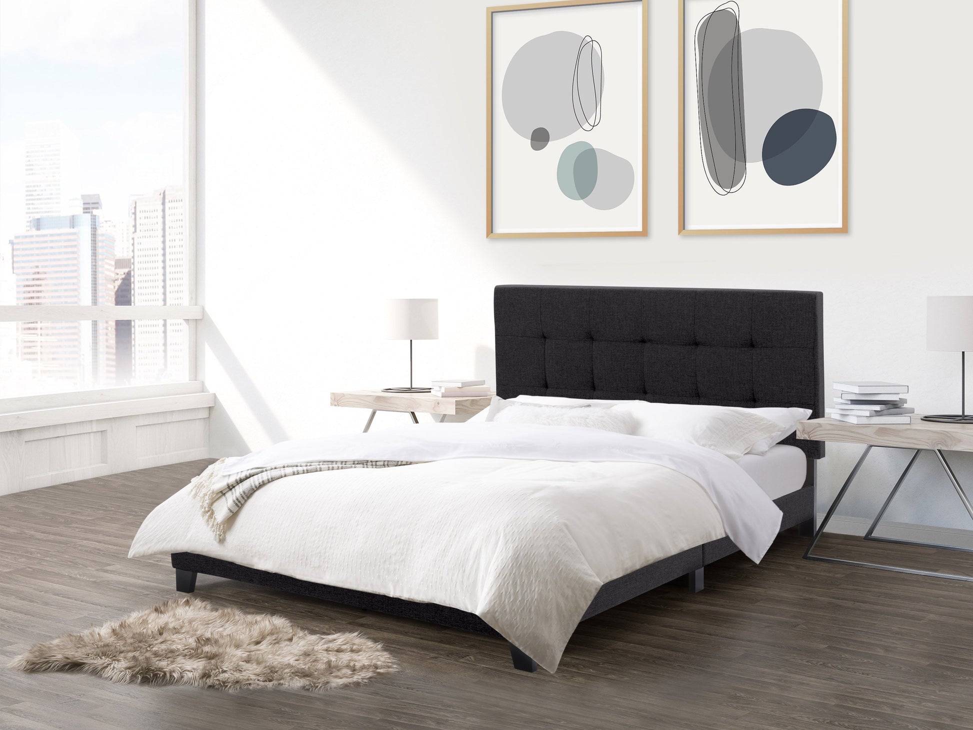 Black queen panel bed with tufted headboard, sleek finish, and sturdy wooden frame.