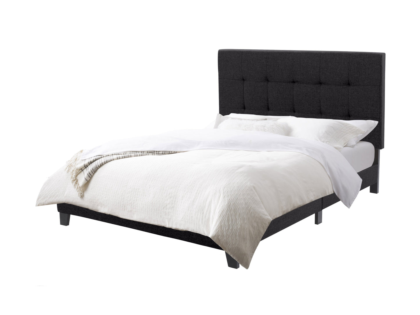 Black queen panel bed with wooden frame, sleek design, and tufted headboard.