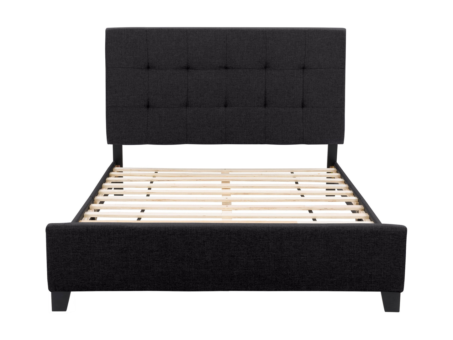 Black queen panel bed with upholstered headboard, sleek wooden frame, and modern design.