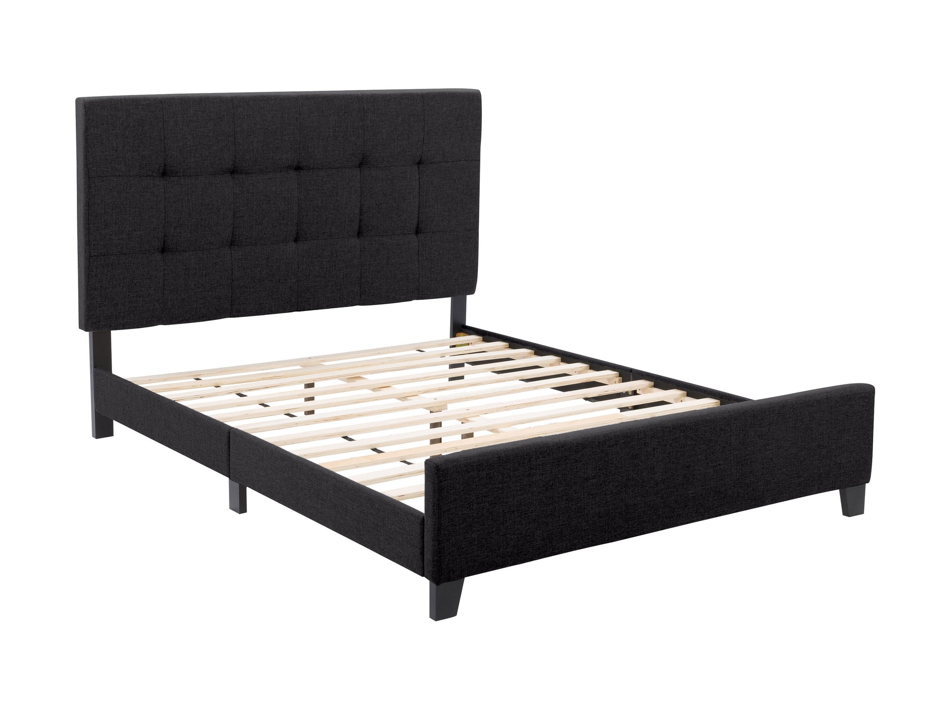 Black queen panel bed with sleek design, upholstered headboard, and wooden frame for modern bedroom decor.