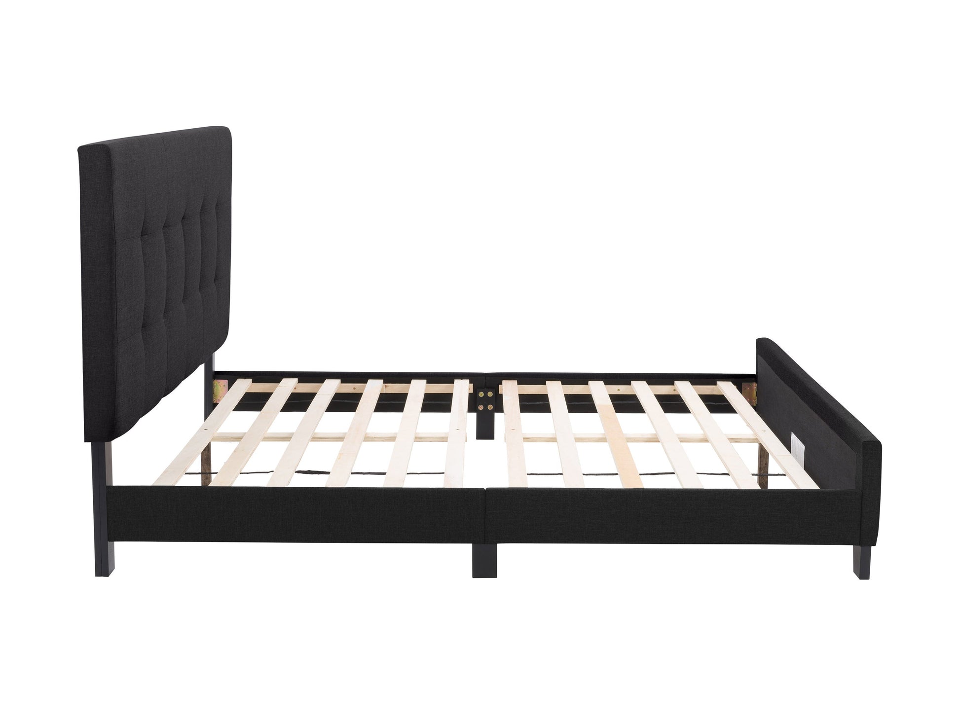 Black queen panel bed with sleek design, upholstered headboard, and sturdy wooden frame.