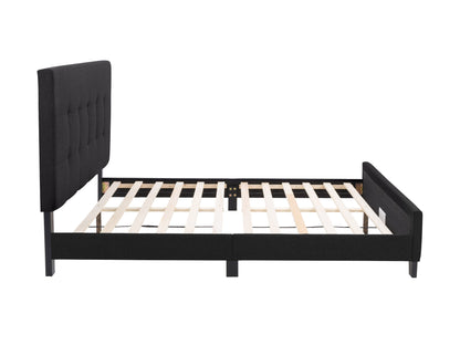 Black queen panel bed with sleek design, upholstered headboard, and sturdy wooden frame.