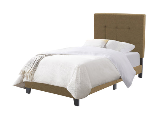 Twin single panel bed in clay color with wooden frame and slatted headboard, modern minimalist design.