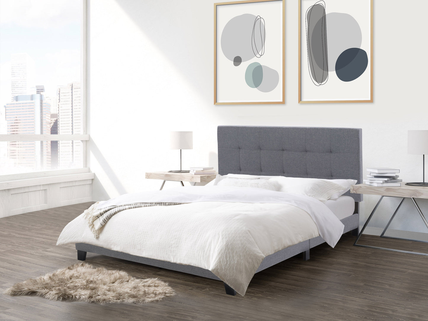 Grey queen panel bed with upholstered headboard, wooden frame, and modern design.