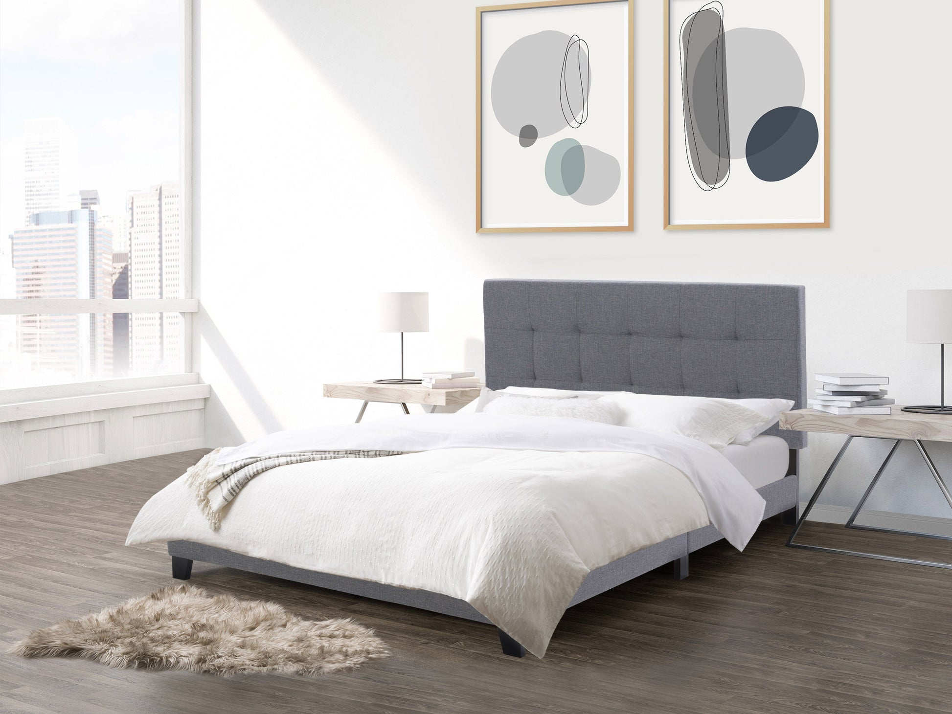 Grey queen panel bed with upholstered headboard, wooden frame, and modern design.