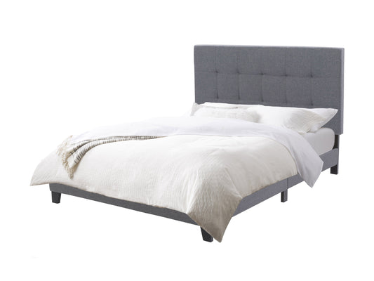 Grey queen panel bed with upholstered headboard, wooden frame, and modern minimalist design.