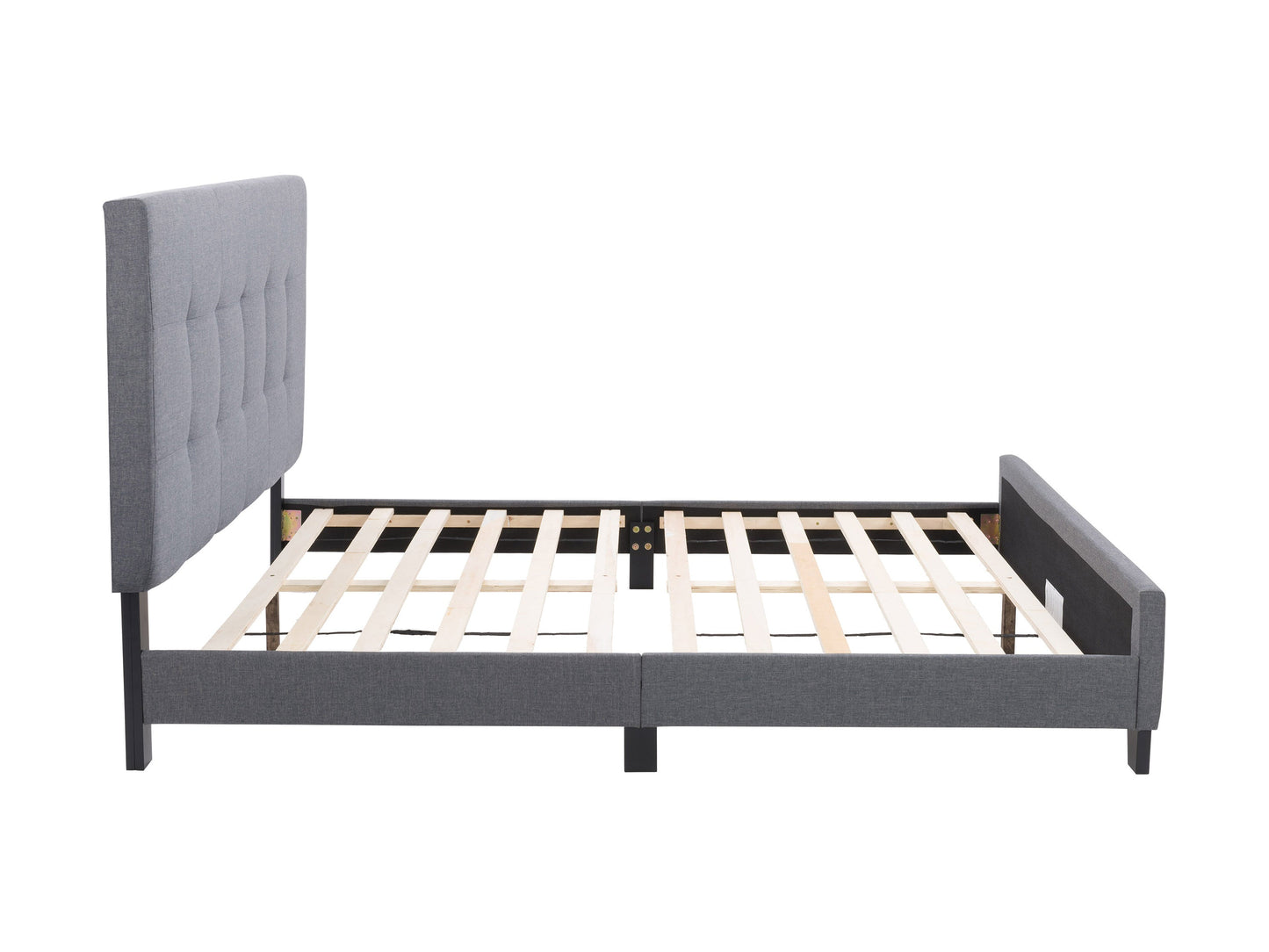 Grey queen panel bed with upholstered headboard, elegant wood frame, and minimalist design.