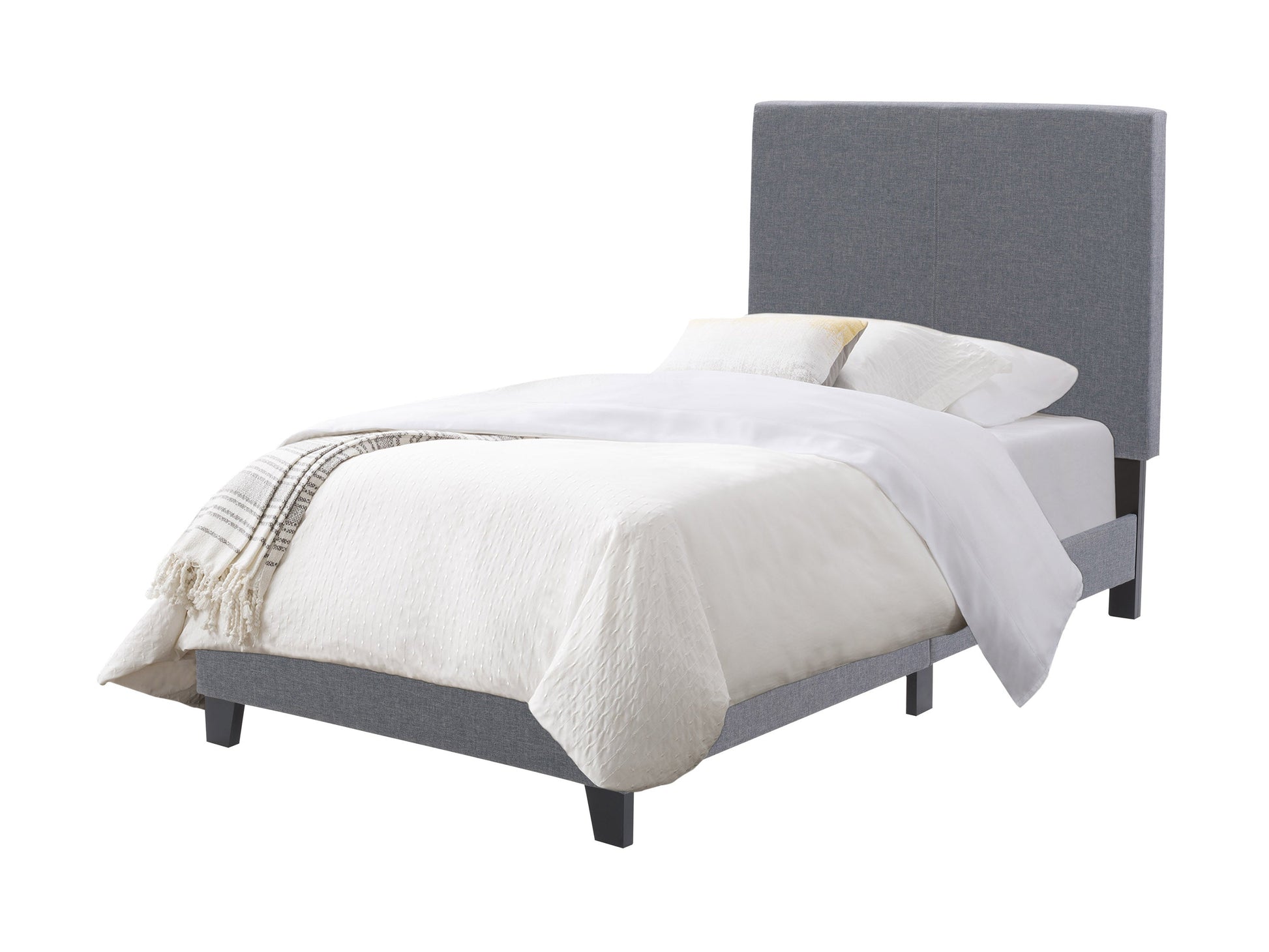 Contemporary grey twin bed with tufted headboard, wooden legs, and sleek minimalist design.