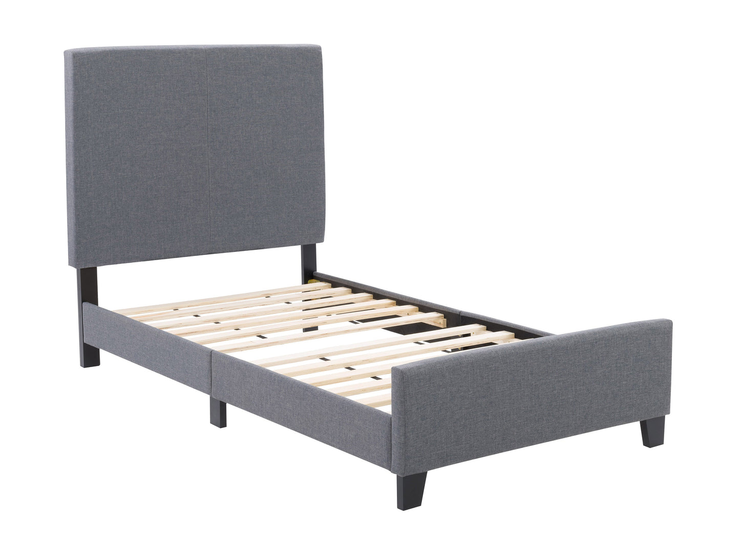 Contemporary grey twin bed with upholstered frame, tufted headboard, and wooden legs.