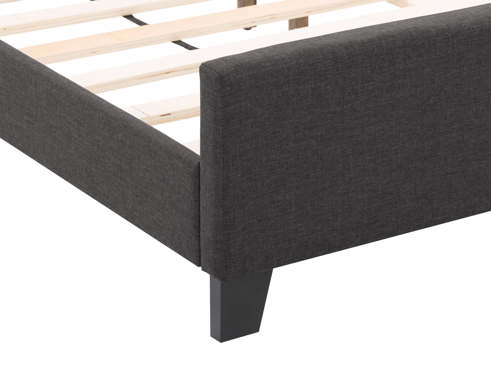 Charcoal double/full bed with upholstered headboard, modern design, and sturdy wooden frame.