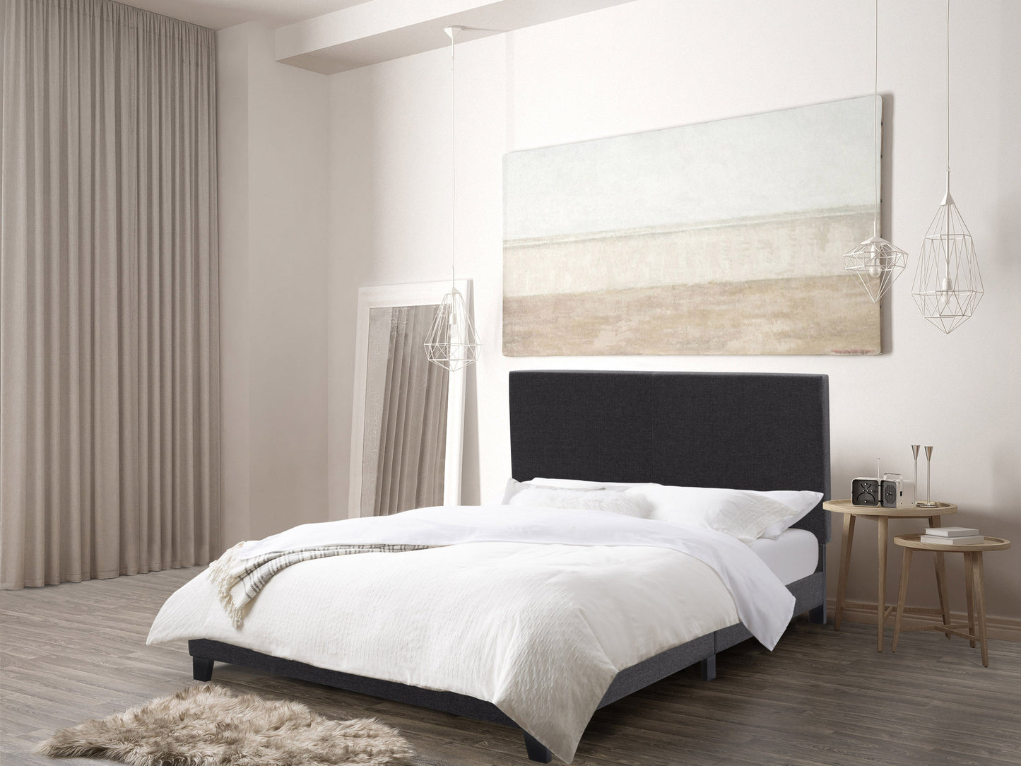 Contemporary charcoal double/full bed with tufted headboard, wooden frame, and sleek modern design.