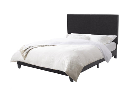 Contemporary charcoal double bed with upholstered headboard, wooden frame, and minimalist design.