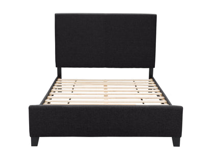 Contemporary charcoal double bed with upholstered headboard, wooden frame, and sleek modern design.