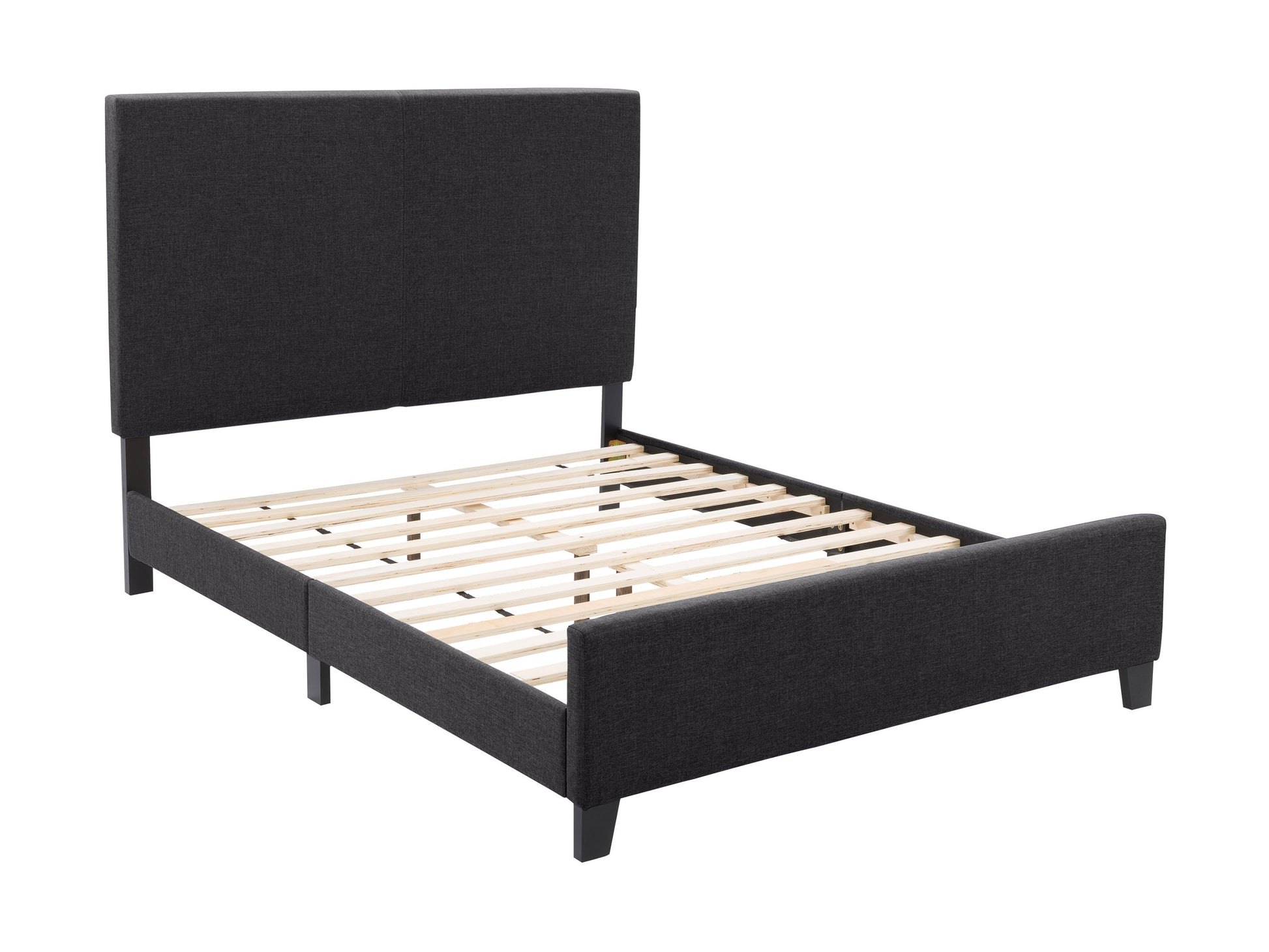 Contemporary charcoal double bed with upholstered headboard, wooden frame, and minimalist design.