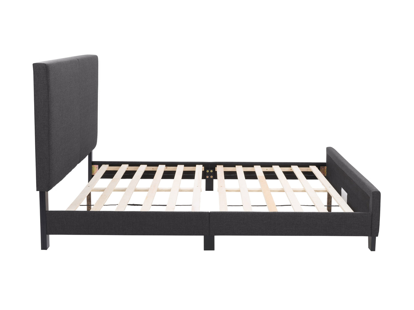 Contemporary charcoal double bed with tufted headboard, wooden frame, and minimalist design.