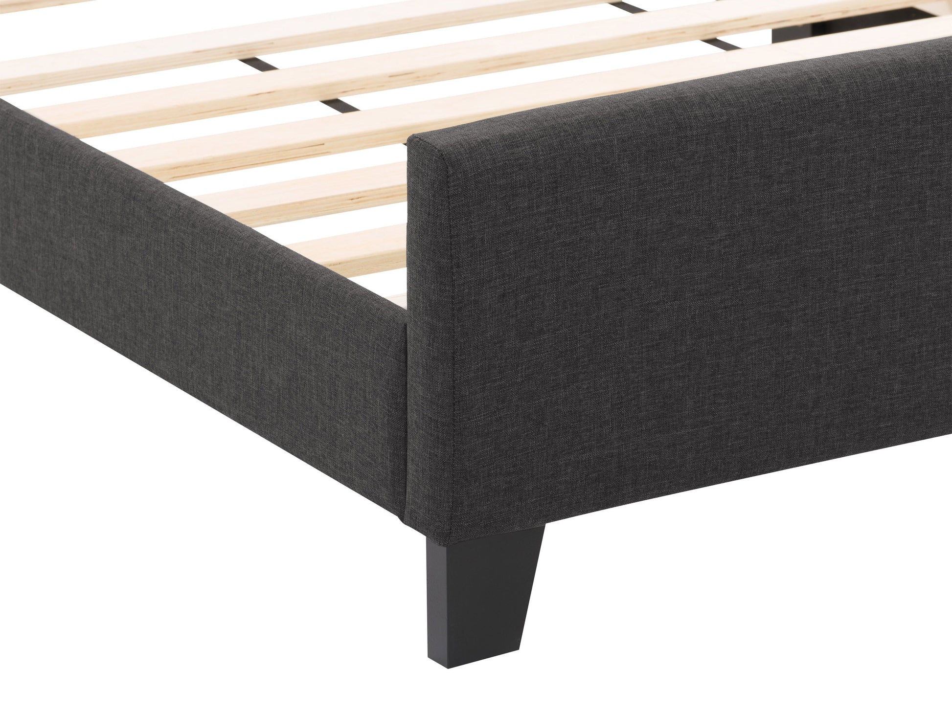 Contemporary charcoal twin bed with upholstered headboard, sleek design, and sturdy wooden frame.