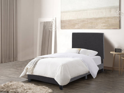 Charcoal twin bed with upholstered headboard, wooden frame, and sleek modern design.