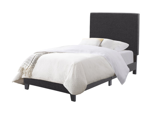 Contemporary charcoal twin bed with upholstered headboard, wooden frame, and minimalist design.