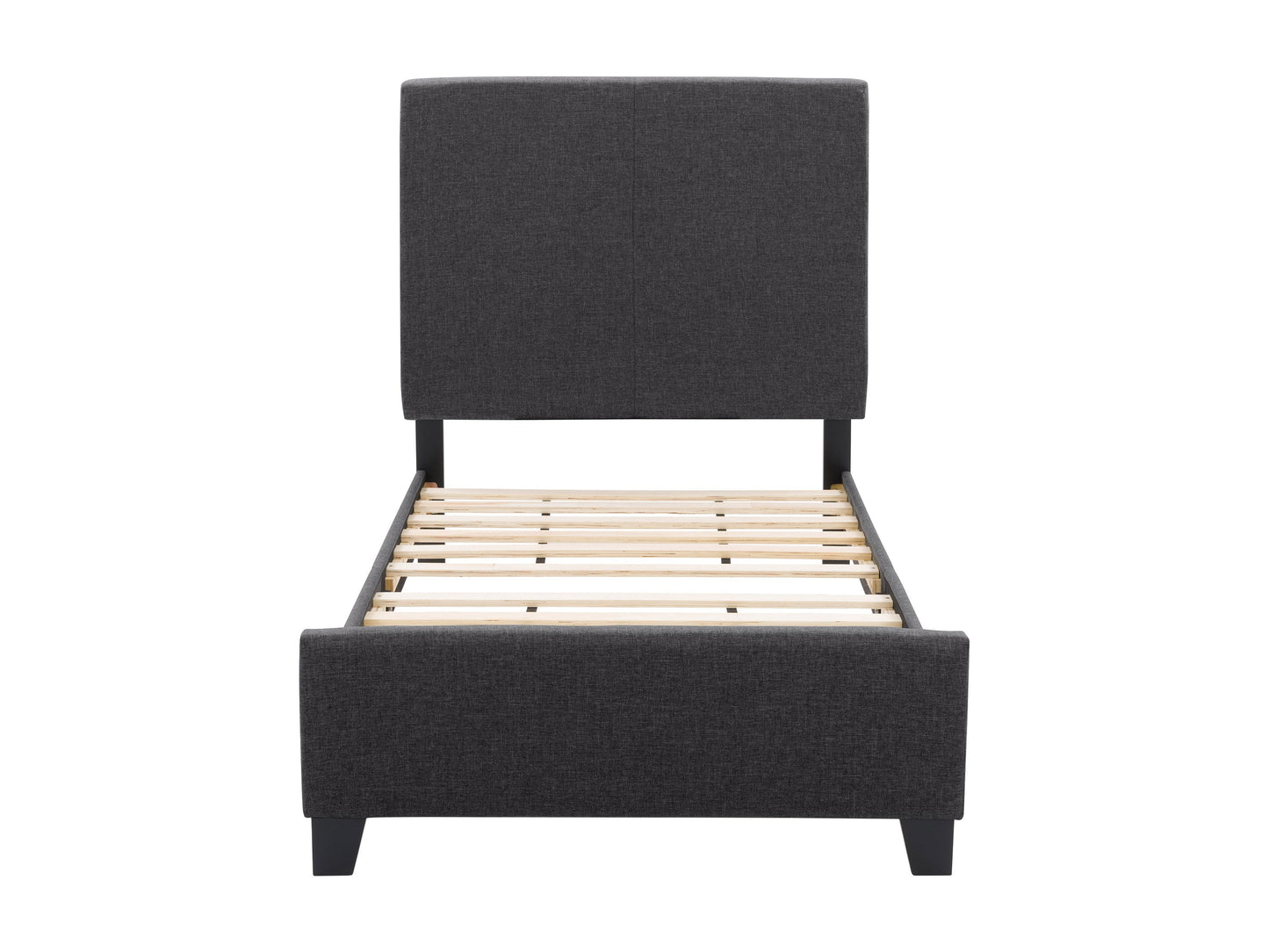 Charcoal twin bed with upholstered headboard, sleek design, and sturdy wooden frame.