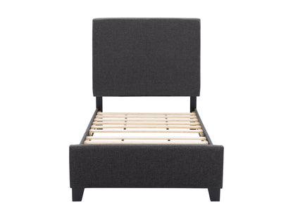 Charcoal twin bed with upholstered headboard, sleek design, and sturdy wooden frame.