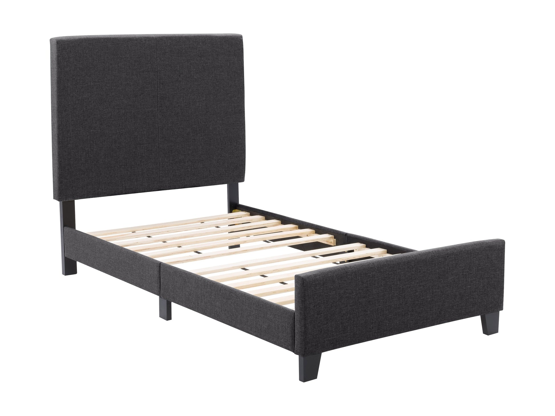 Contemporary charcoal twin bed with tufted headboard, wooden frame, and minimalist design for modern bedrooms.