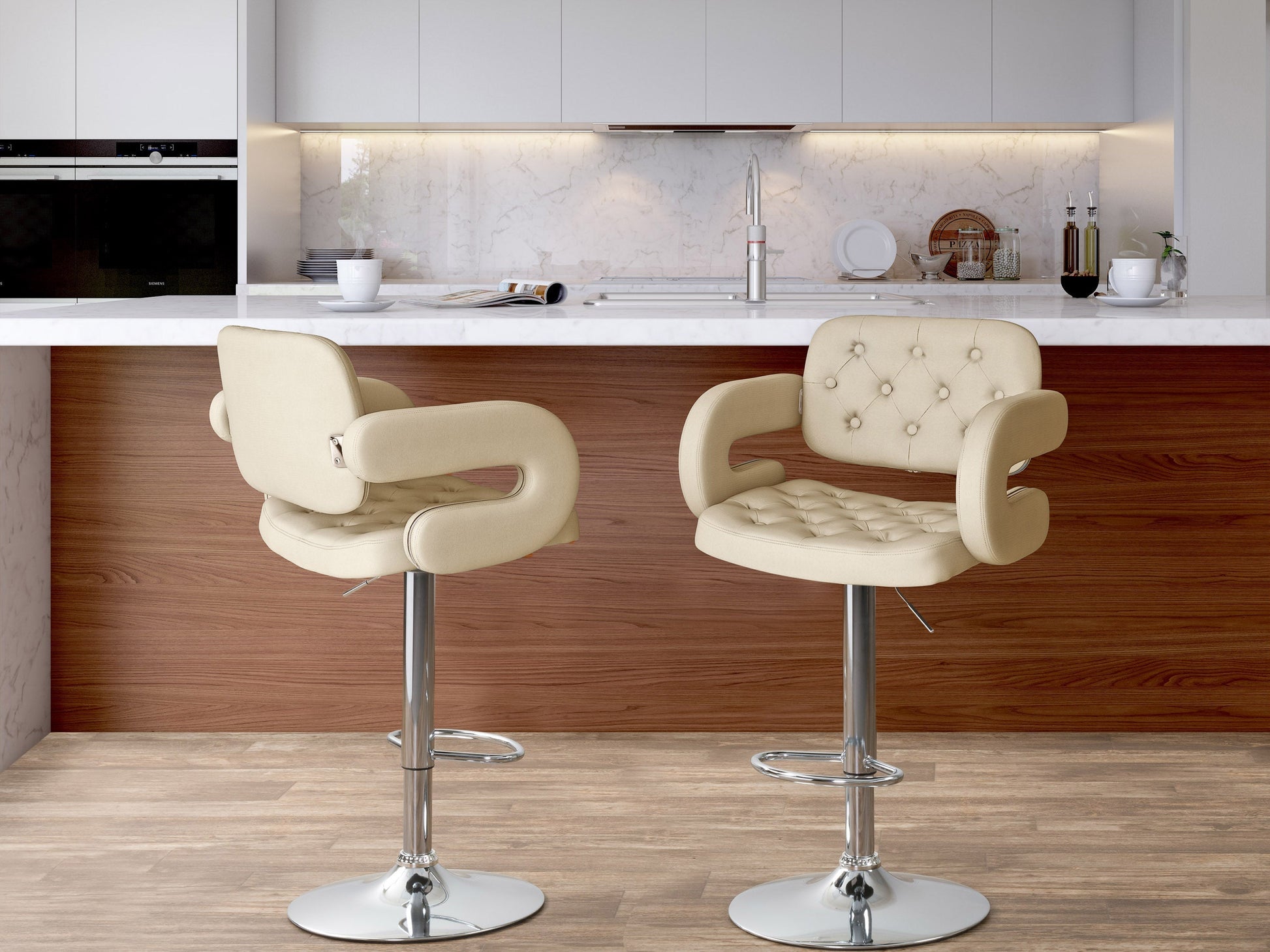 Oatmeal fabric bar stools with arms, set of 2, wooden legs, and tufted backrest for modern kitchen or bar area.