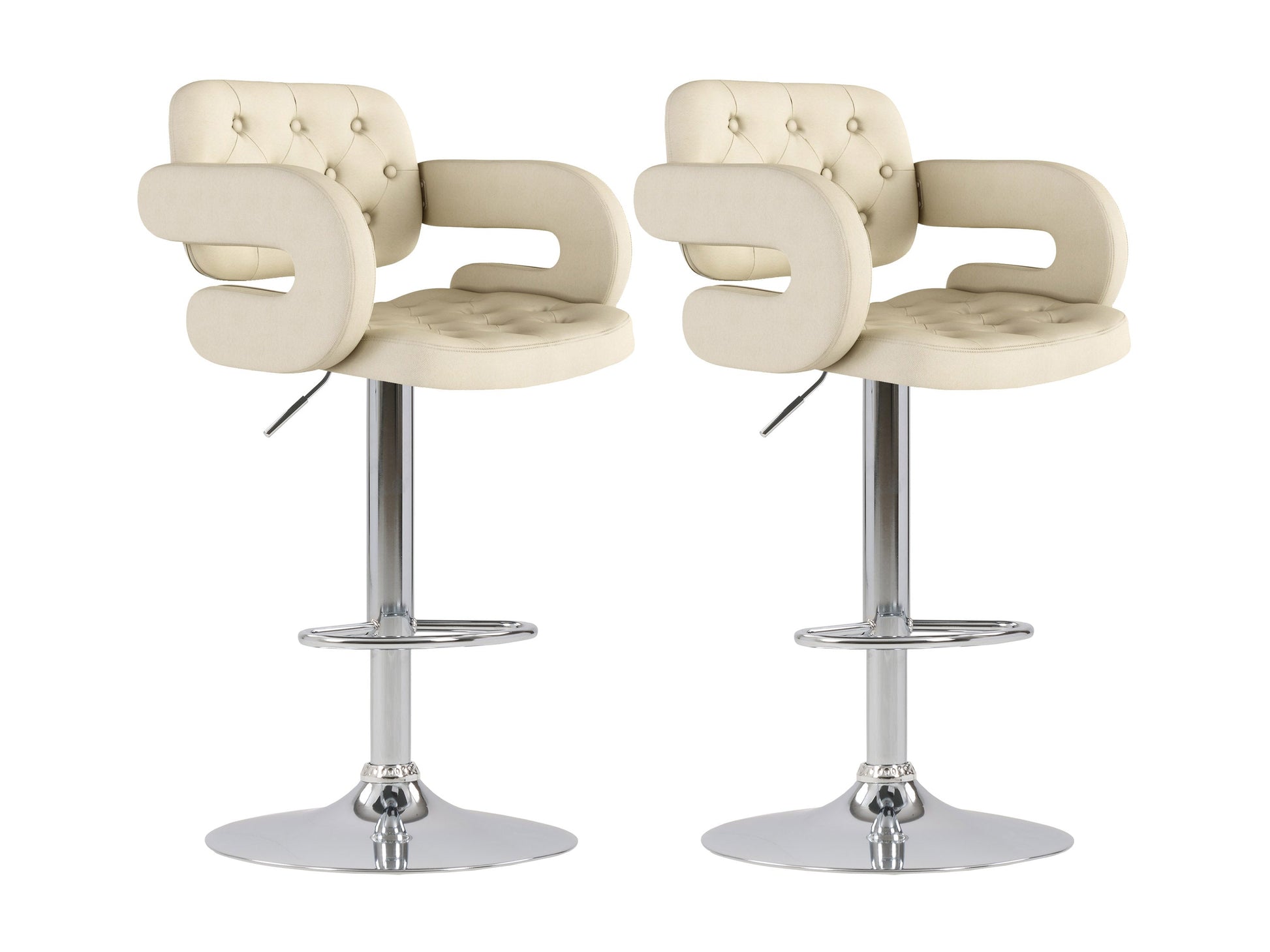 Oatmeal fabric bar stools with arms, set of 2, featuring wooden legs and tufted cushions for modern kitchen or bar.