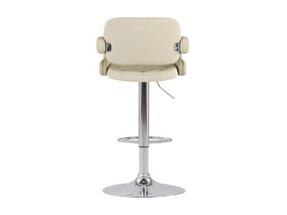 Set of 2 oatmeal bar stools with arms, upholstered fabric seats, wooden legs, and modern design.