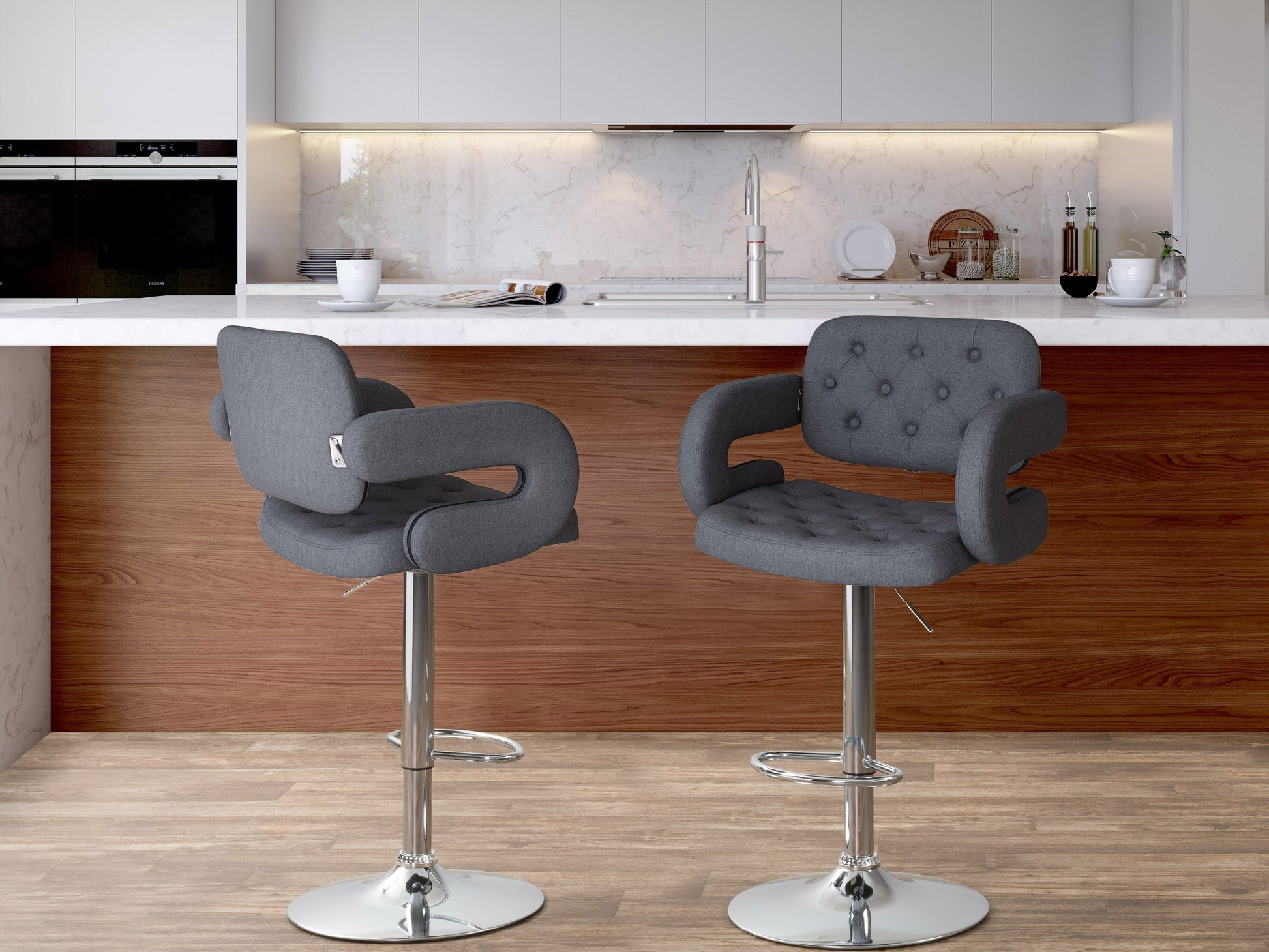 Dark grey bar stools with arms, cushioned seats, and black metal legs, set of 2, modern design.