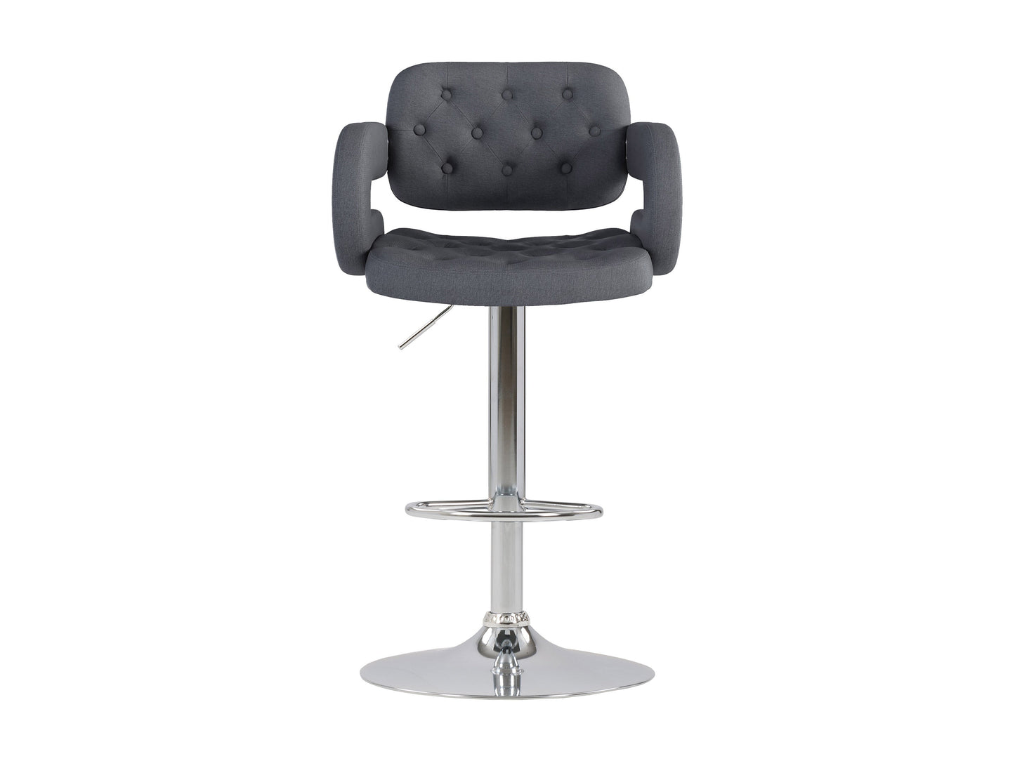 Dark grey bar stools with arms, cushioned seats, and sleek black metal legs, set of 2.