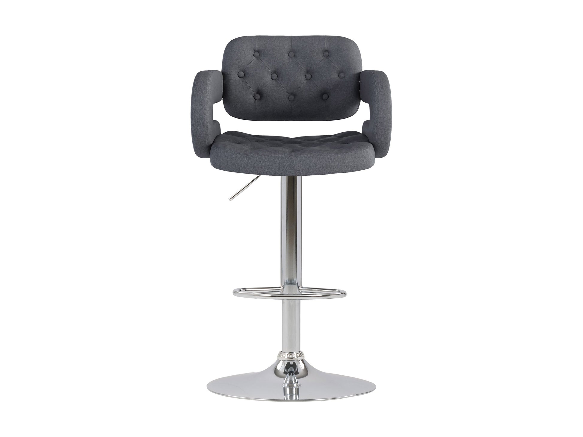 Dark grey bar stools with arms, cushioned seats, and sleek black metal legs, set of 2.