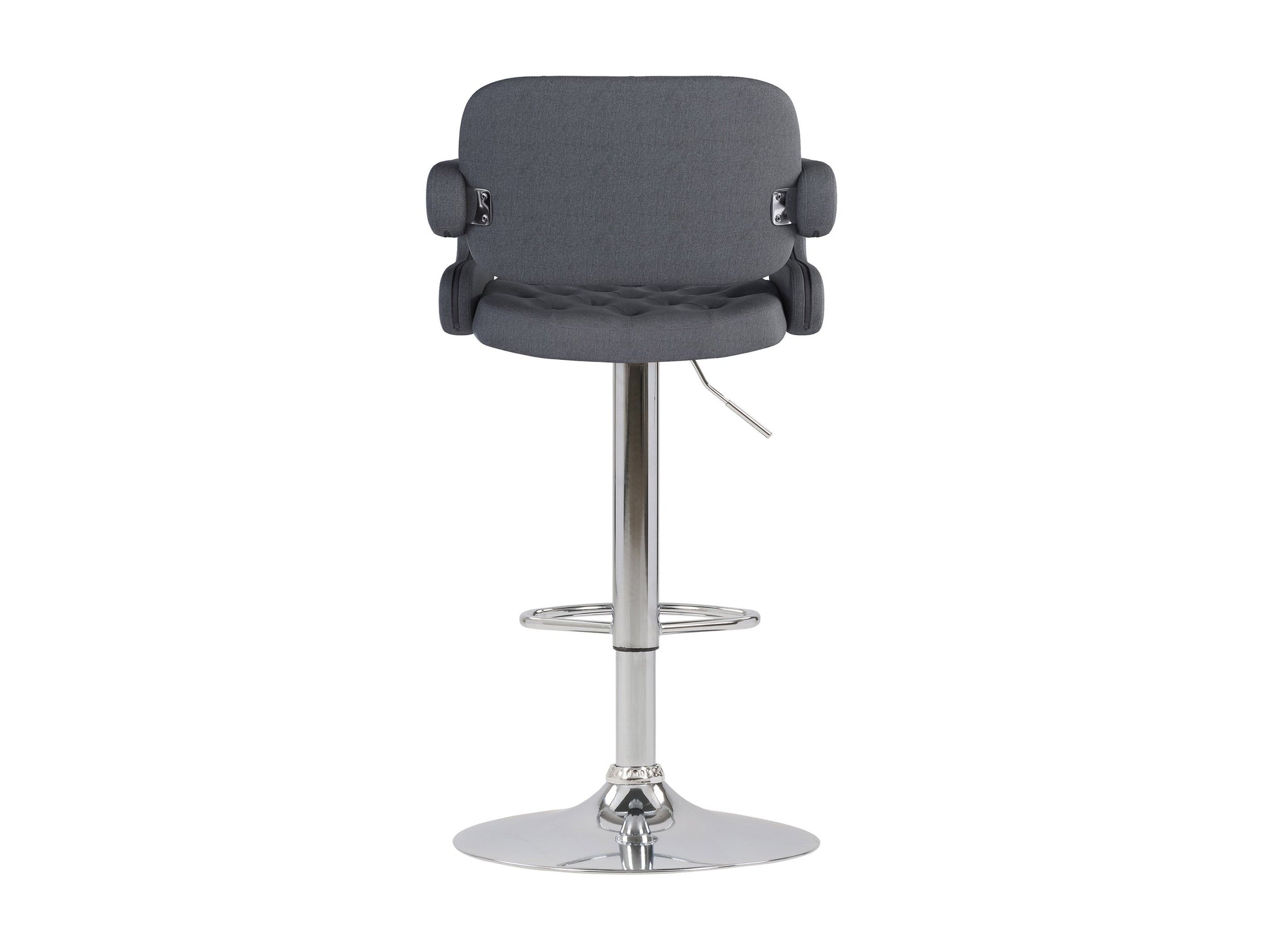 Dark grey bar stools with arms, set of 2, featuring upholstered seats and sleek metal legs.