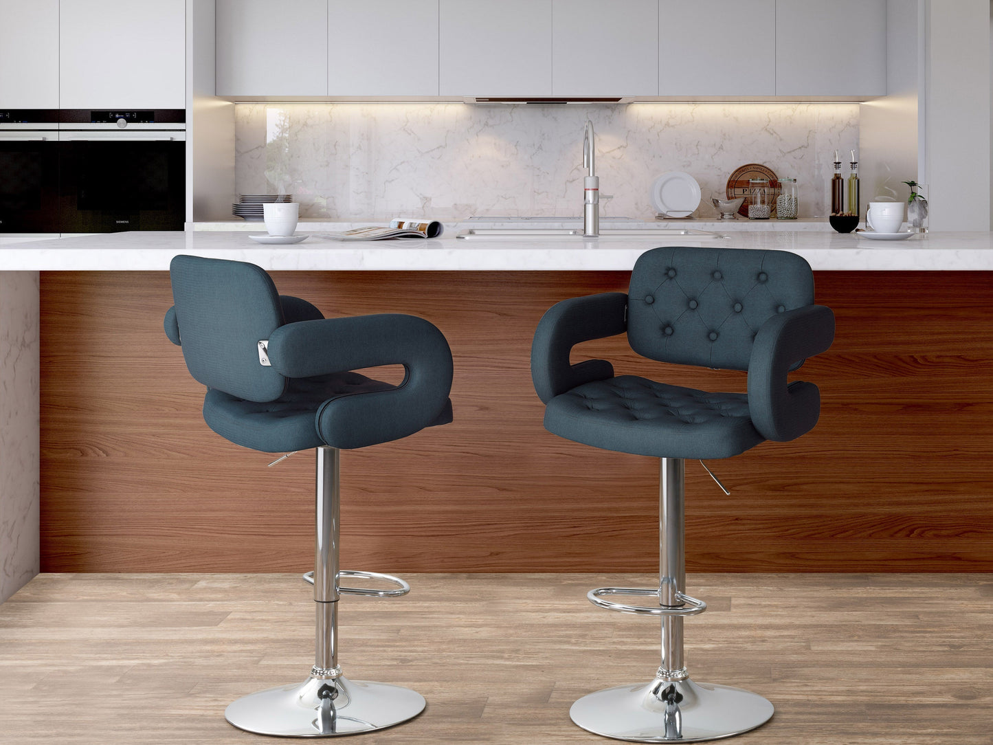 Dark blue bar stools with arms, set of 2, featuring soft velvet upholstery and sleek metal legs.