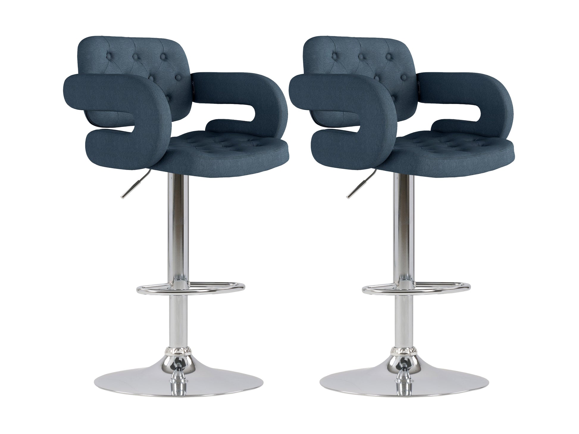 Dark blue bar stools with arms, upholstered fabric, and black metal legs, set of 2, modern design.