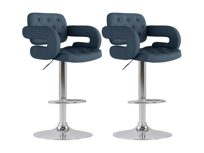 Dark blue bar stools with arms, upholstered fabric, and black metal legs, set of 2, modern design.