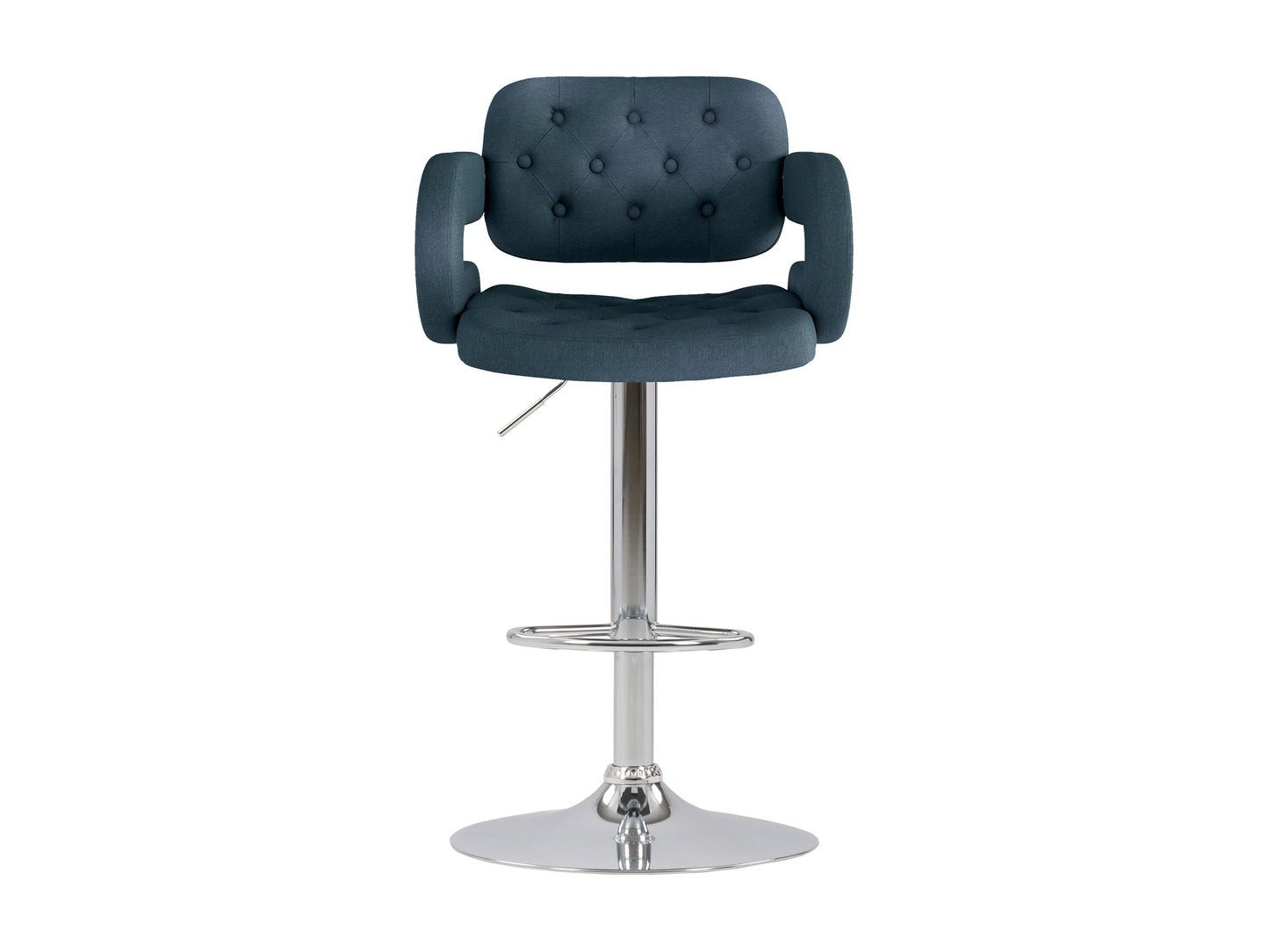 Dark blue bar stools with arms, metal legs, and cushioned seats, set of 2, modern design.