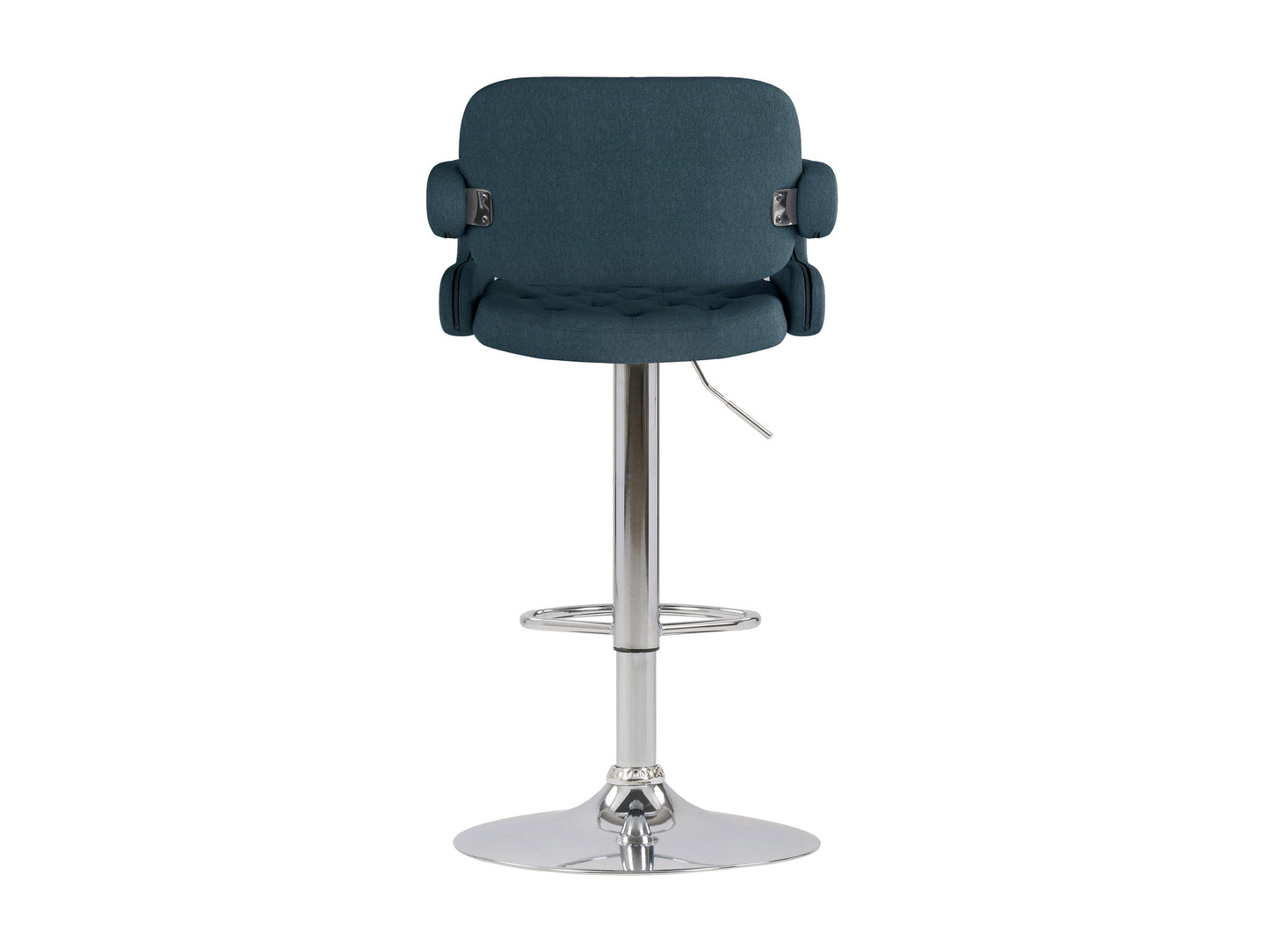 Dark blue fabric bar stools with arms, set of 2, featuring wooden legs and a modern design.