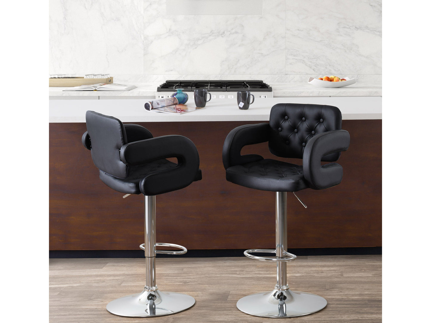 Black bar stools with arms, set of 2, featuring sleek design, cushioned seats, and sturdy metal legs for modern kitchen or bar.