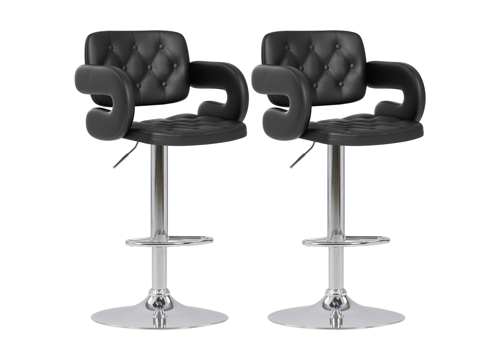 Black bar stools with arms, set of 2, featuring sleek design, cushioned seats, and sturdy metal legs.