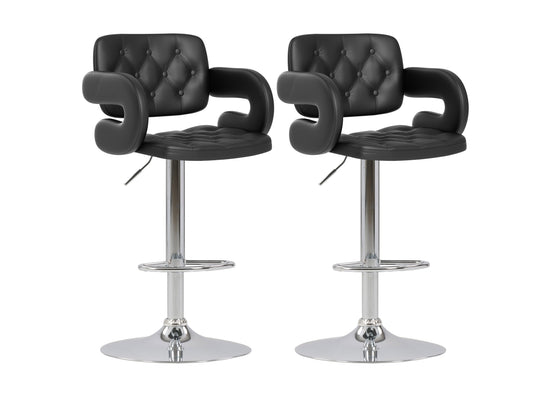 Black bar stools with arms, set of 2, featuring sleek design, cushioned seats, and sturdy metal legs.