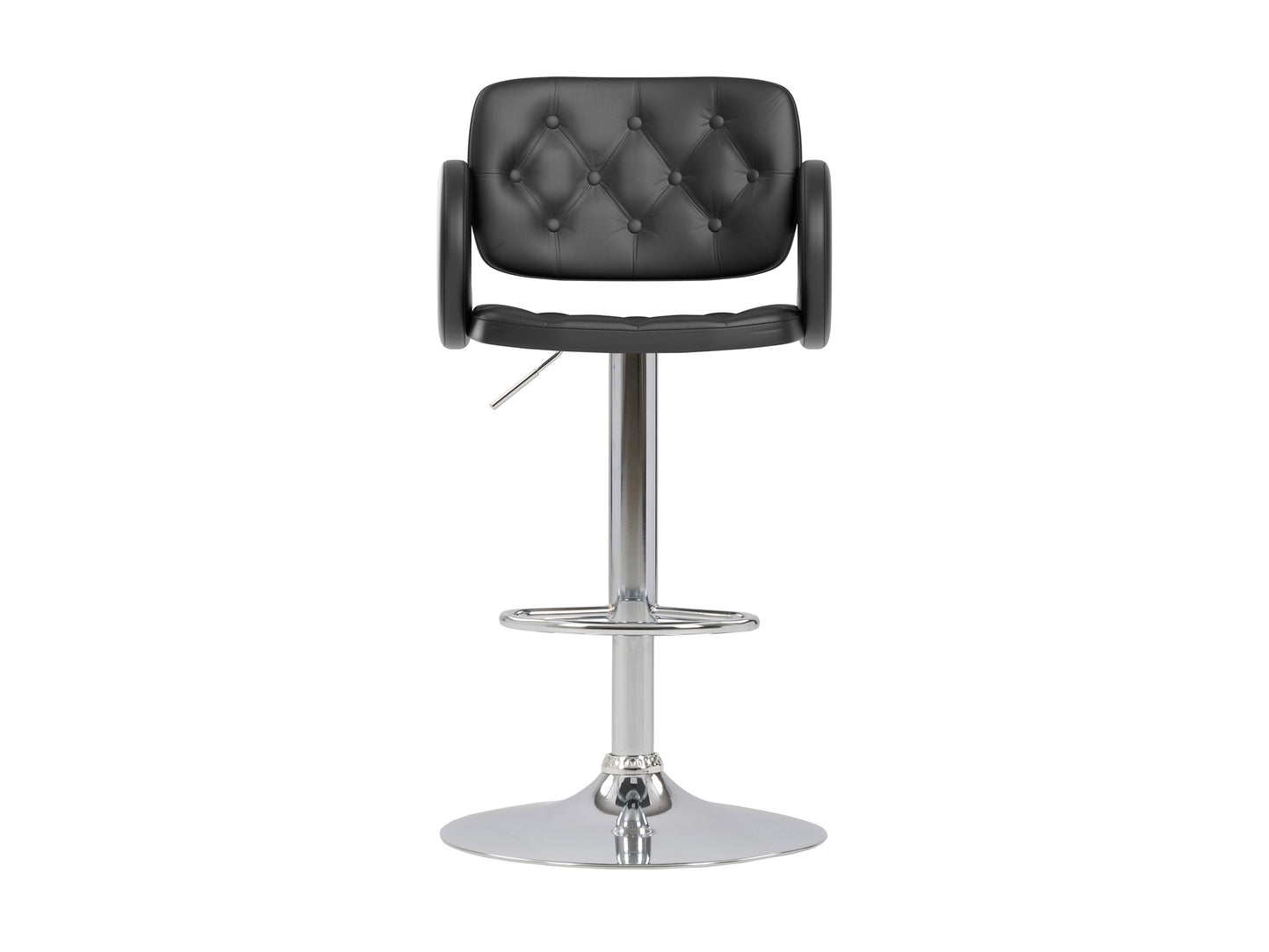 Black bar stools with arms, set of 2, featuring cushioned seats, sleek metal legs, and contemporary design.