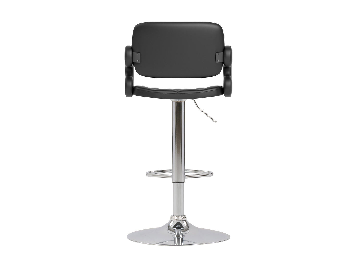 Black bar stools with arms, set of 2, featuring cushioned seats, sleek metal frame, and contemporary design.