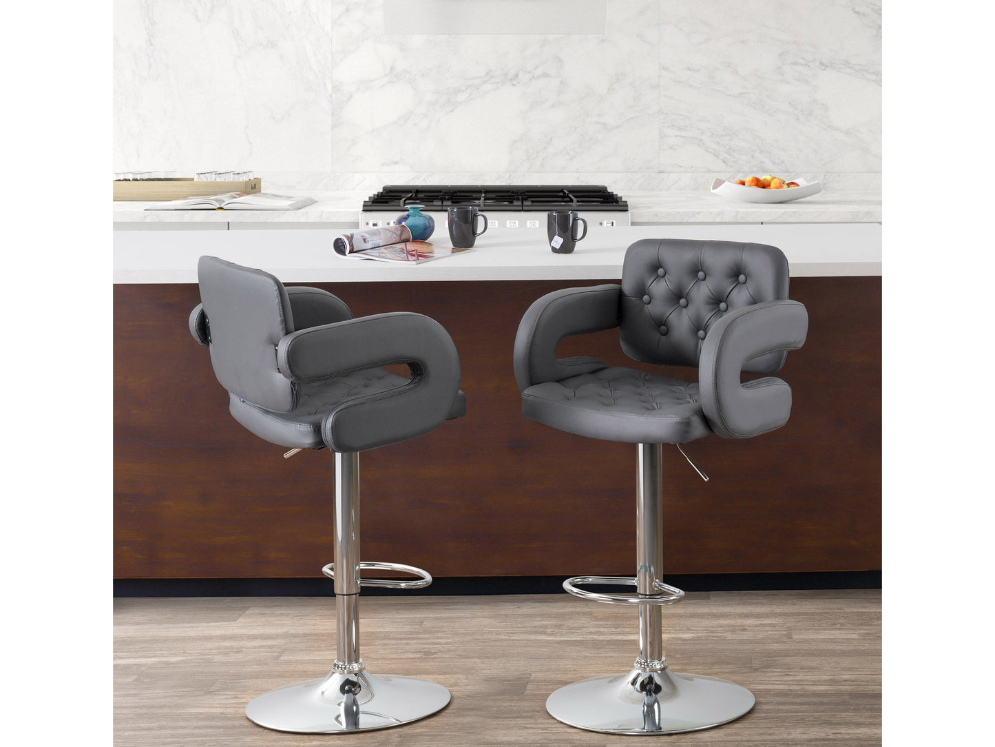 Dark grey bar stools with arms, set of 2, upholstered fabric, wooden legs, modern design.