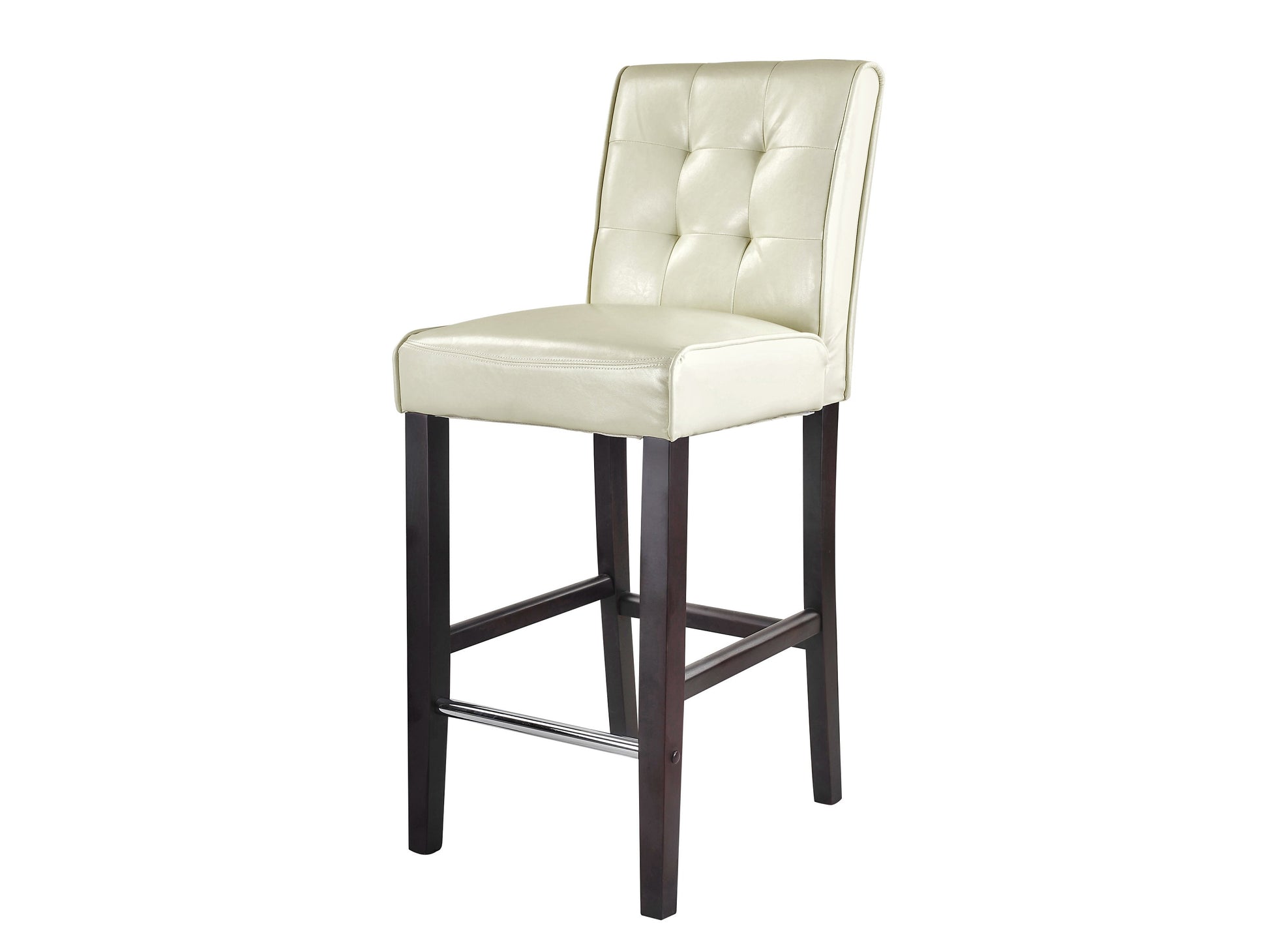 Cream bar height stool with cushioned seat, wooden legs, and footrest, perfect for modern kitchen or bar.