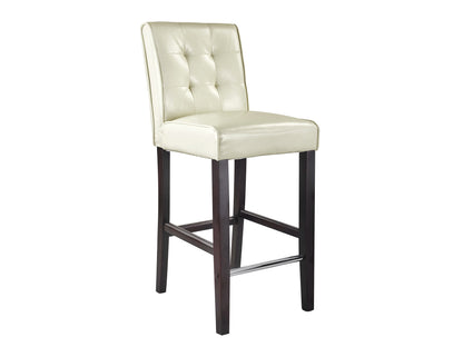 Cream bar height bar stool with cushioned seat, wooden legs, and modern design.