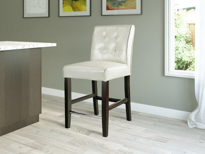 Cream counter height bar stool with cushioned seat, black metal legs, and modern design.